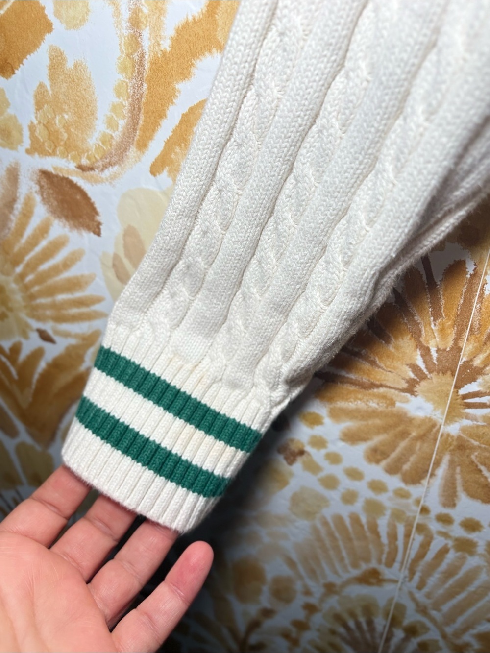 Prince Ivory Cable Knit Cricket Sweater Green Trim V-Neck Preppy TennisPicklebal - Picture 8 of 11